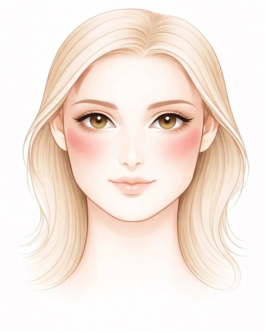 Schéma de placement du blush pour visage en forme de carré montrant l’application sur le haut des pommettes pour adoucir les angles du visage