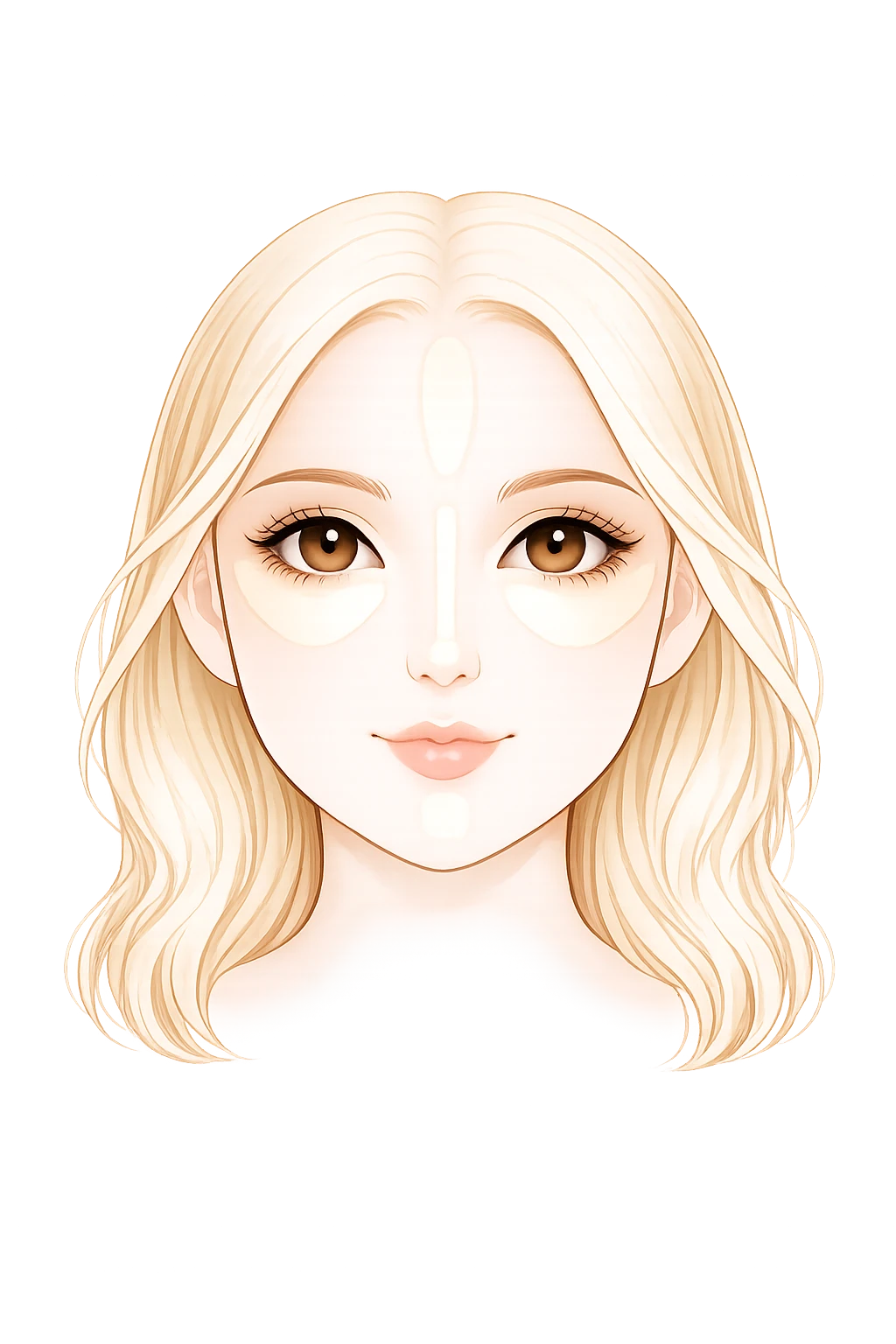 Schéma des zones de lumière du visage pour le maquillage : centre du front, arête du nez, dessous des yeux, arc de Cupidon et menton, illustrées en beige foncé sur un visage féminin