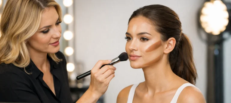maquilleuse professionnelle réalisant un contouring