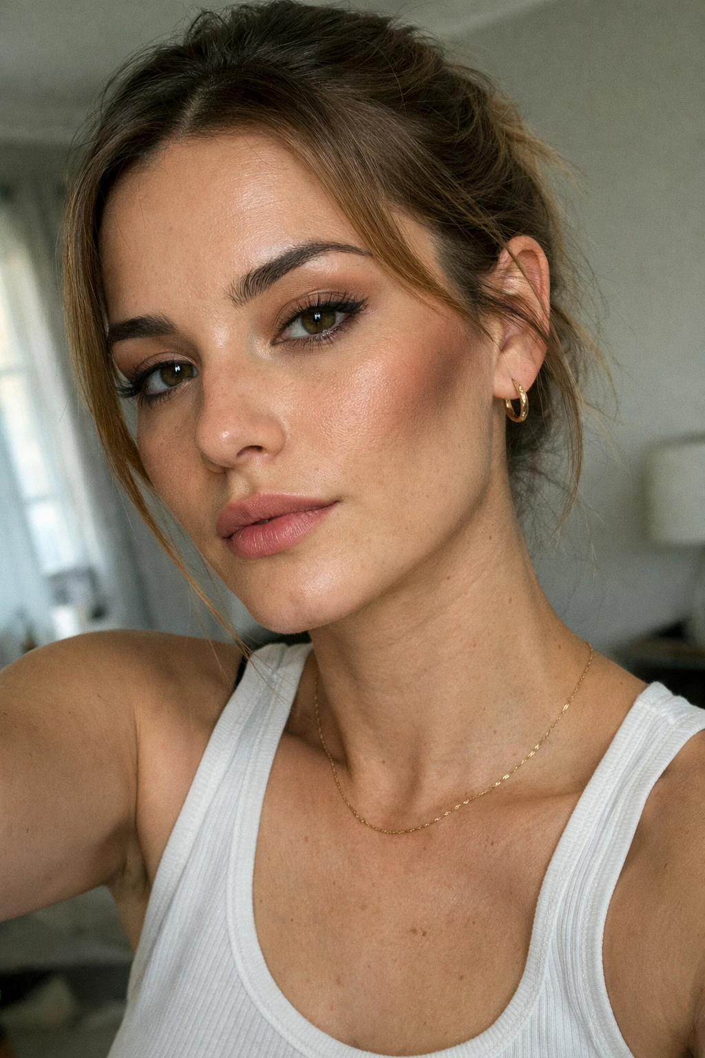 Fail contouring avec contour trop foncé sous les pommettes malgré estompage, selfie en lumière naturelle