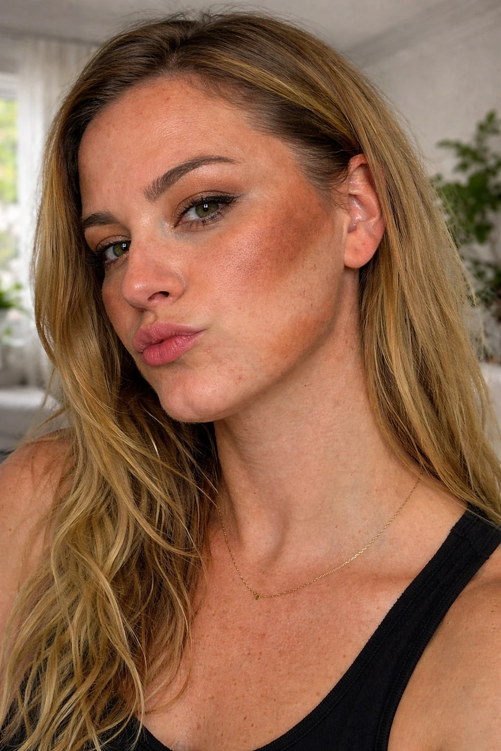 Contouring raté avec teinte trop chaude donnant un effet boueux sur les joues, photo selfie réaliste