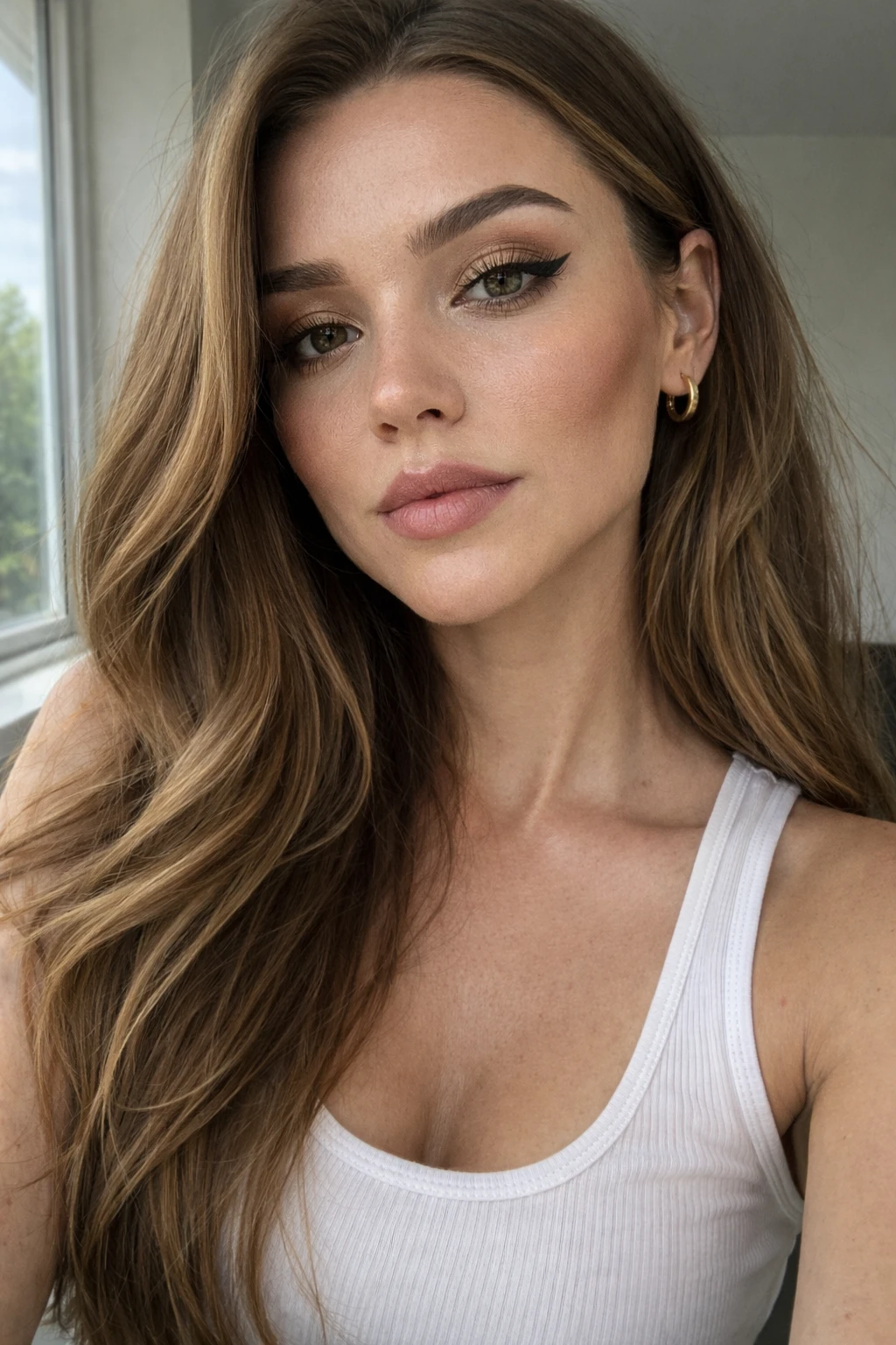 Fail contouring avec contour placé trop bas qui alourdit le visage, portrait selfie lumière naturelle