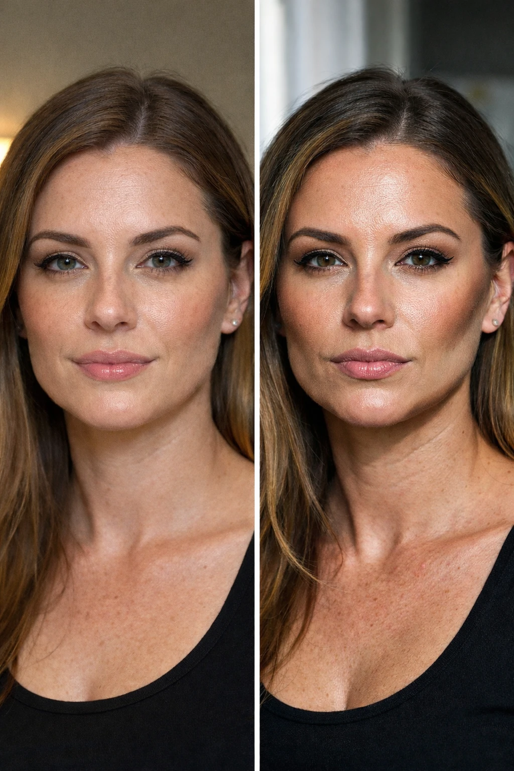 Fail contouring visible en lumière naturelle après selfie en éclairage intérieur flatteur