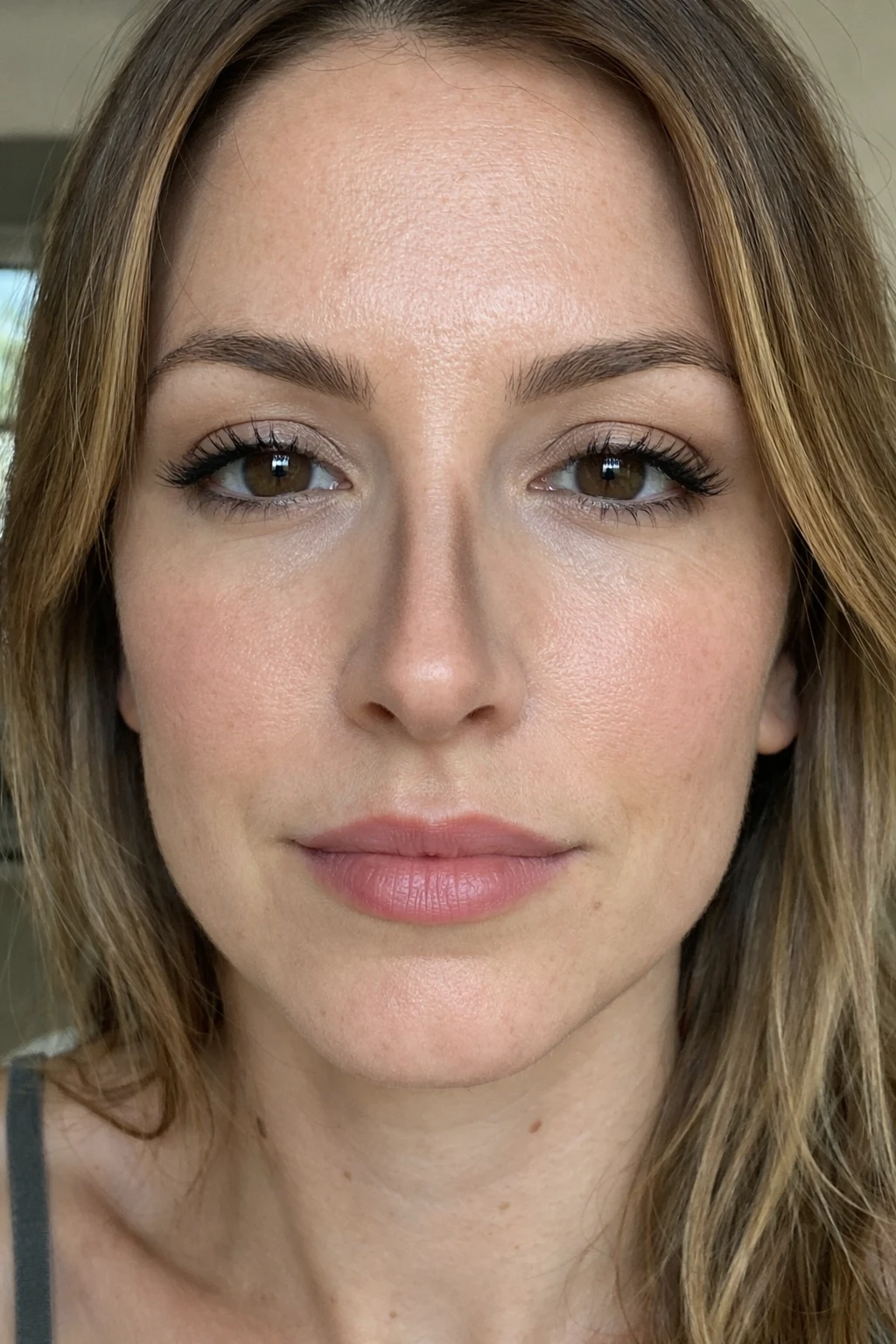 Contouring nez trop marqué malgré estompage, effet artificiel visible en photo selfie