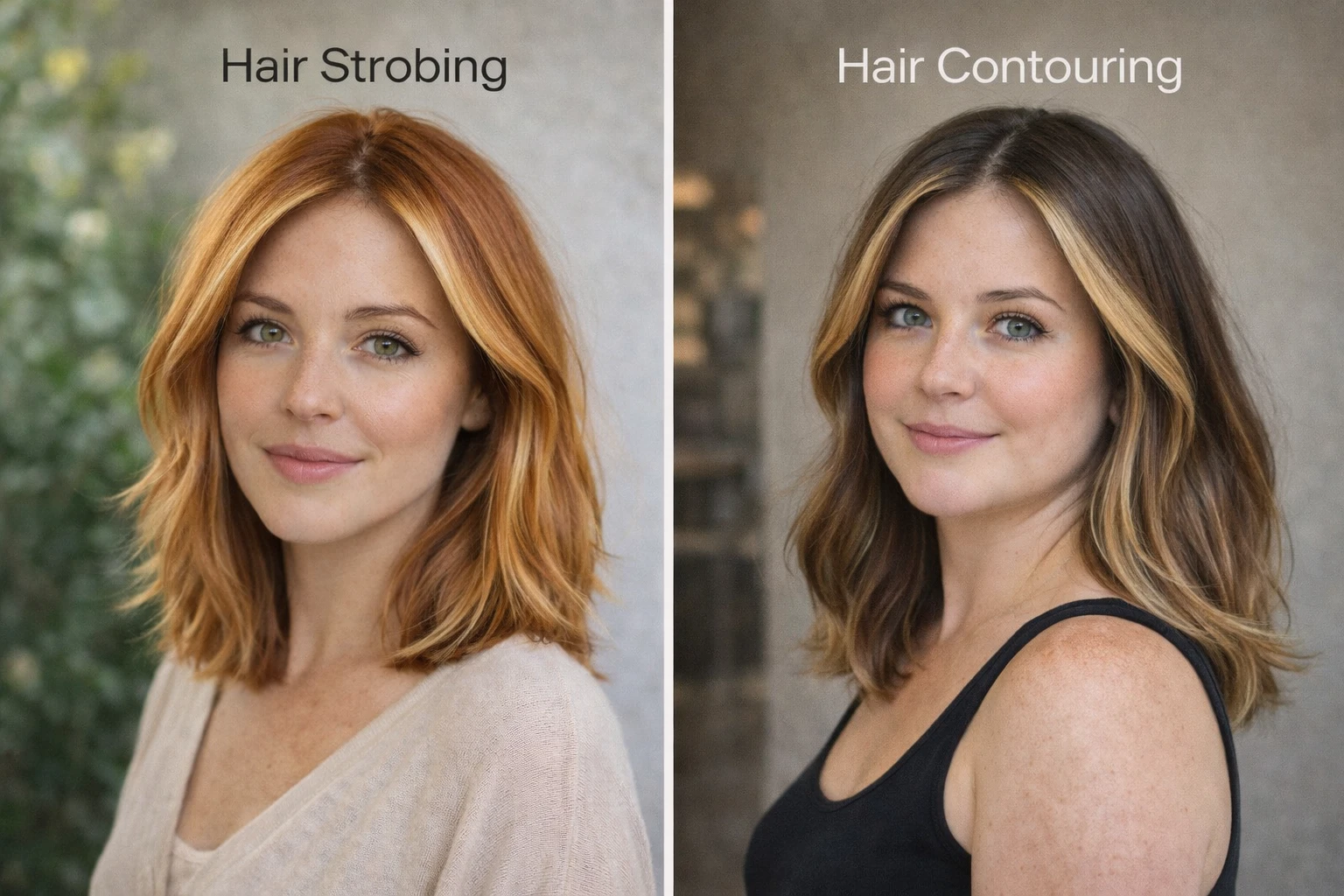 Comparaison entre hair strobing et mèches classiques : le hair strobing apporte une lumière ciblée autour du visage, les mèches offrent un éclaircissement plus uniforme