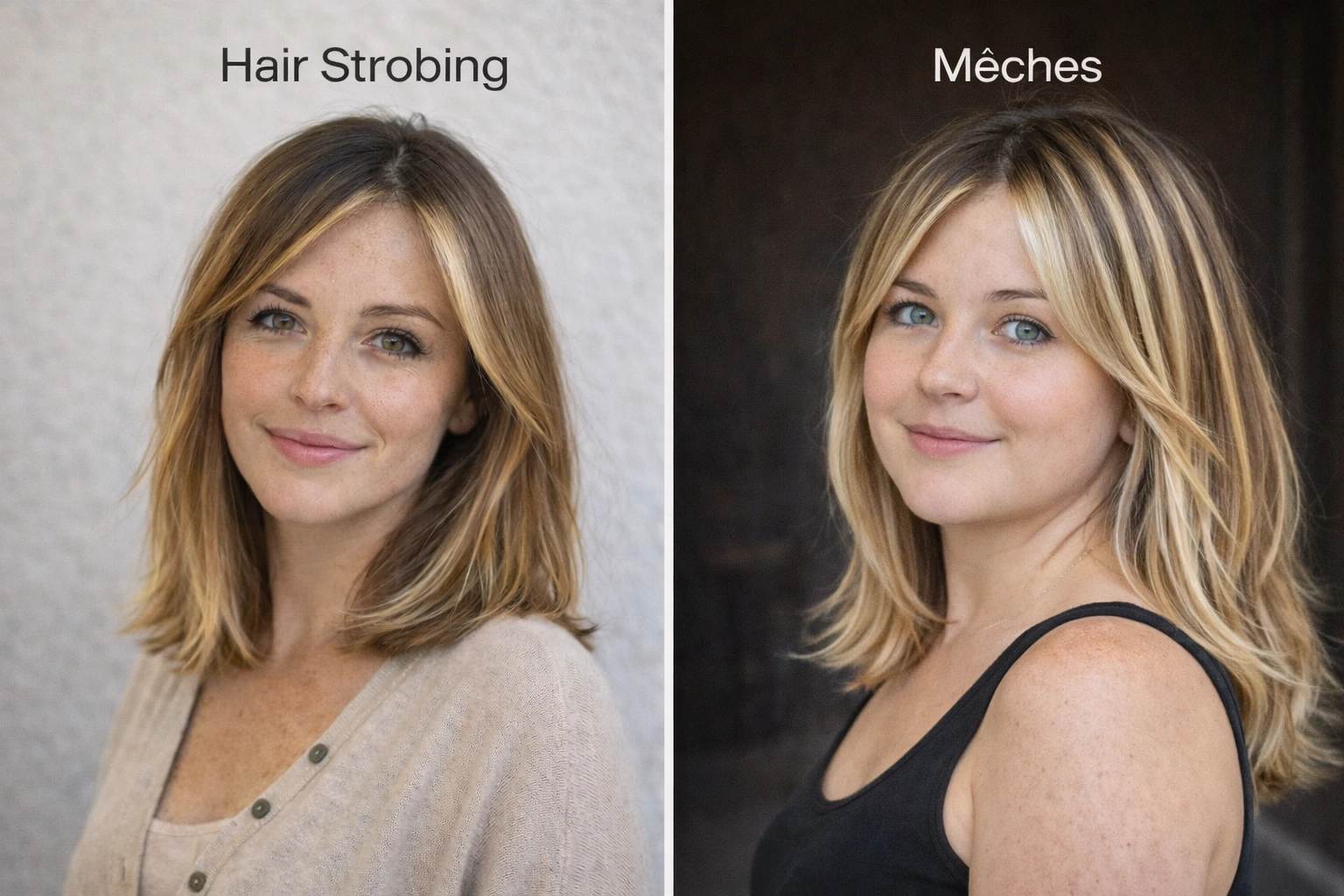 Comparaison entre hair strobing et mèches classiques : le hair strobing apporte une lumière ciblée autour du visage, les mèches offrent un éclaircissement plus uniforme
