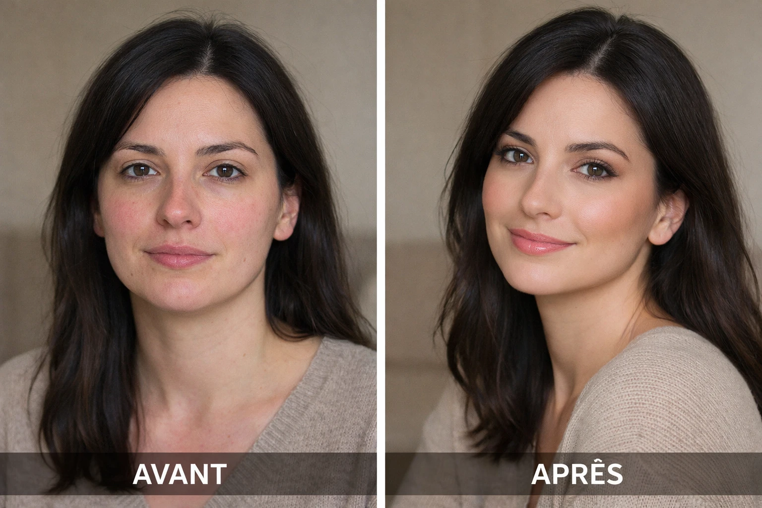 Avant après quiet contouring naturel sur femme brune à la peau claire, teint terne avec rougeurs avant, teint frais et lumineux après