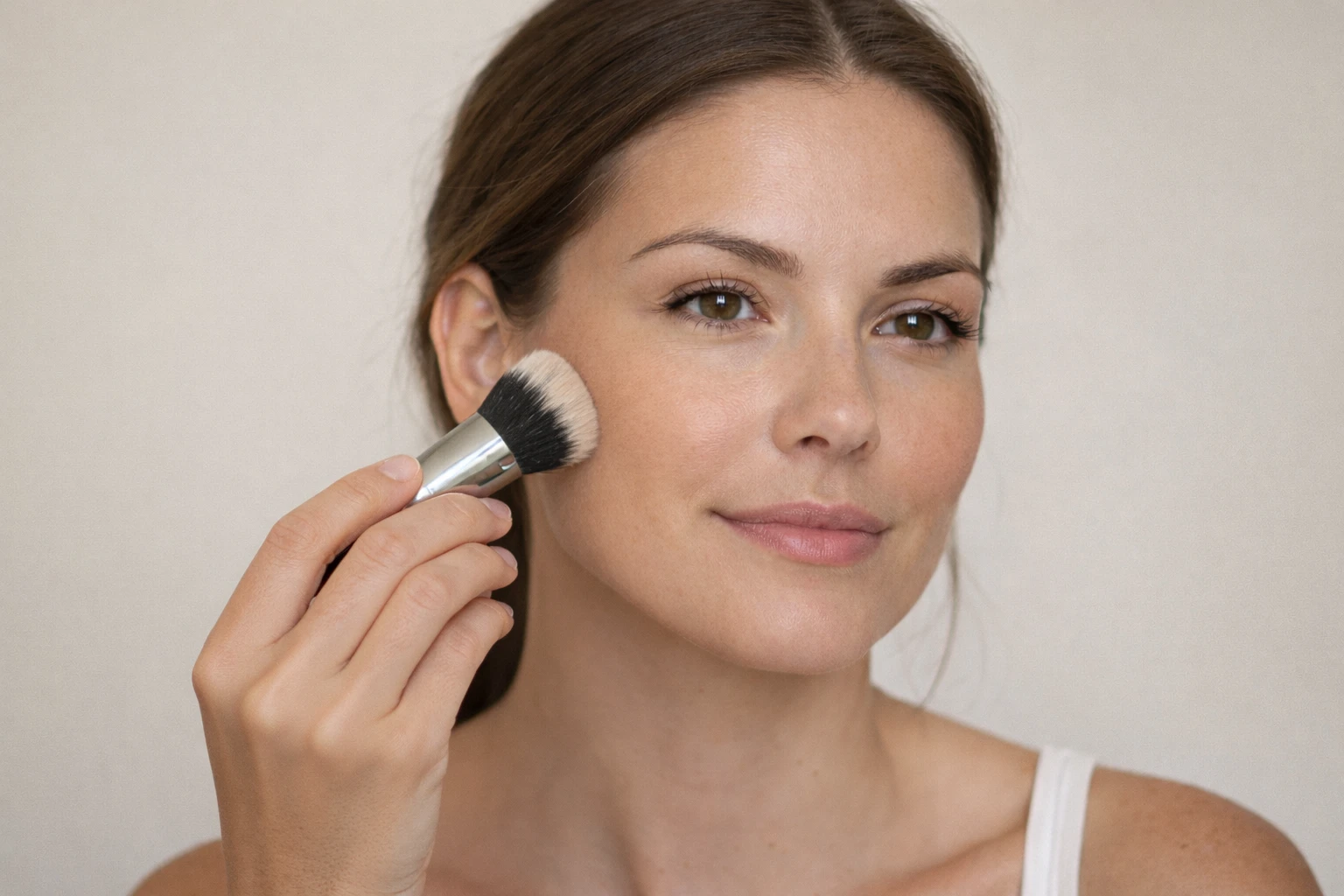 Application du fond de teint par-dessus le bronzer pour fondre les volumes en reverse contouring"