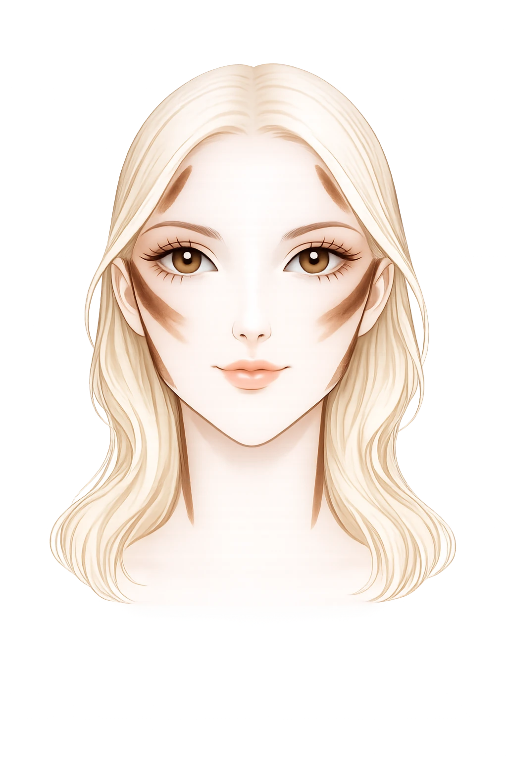 Schéma de contouring pour visage en forme de diamant montrant les zones à foncer sur les tempes, les joues et la mâchoire