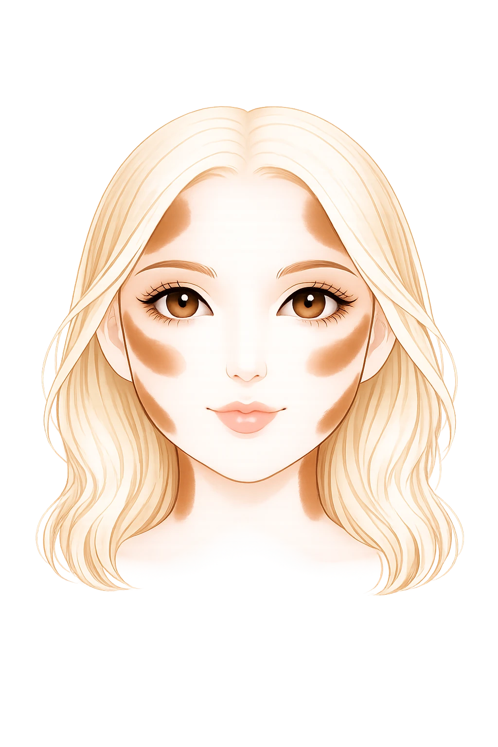 Schéma de contouring du visage montrant les zones d’ombres à appliquer pour structurer un visage rond : tempes, creux des joues, contours du nez et ligne de la mâchoire
