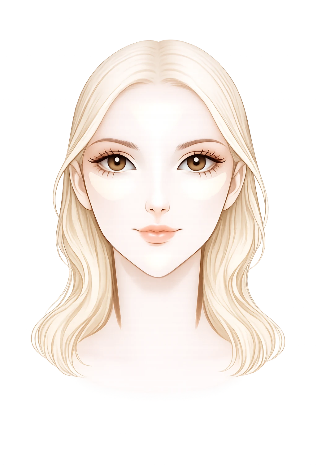 Schéma de correction et d’illumination pour visage en forme de diamant indiquant les zones à éclaircir sur le front, les cernes et le menton